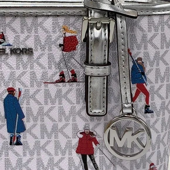 Michael Kors Jet Set Girls Print White Signature XS Carryall Top Zip Tote